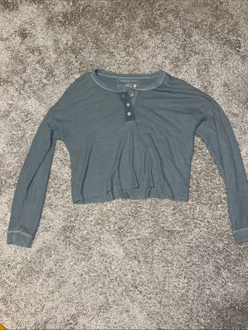 American Eagle Medium Waffle Henley Long-Sleeve Crop Top - Green